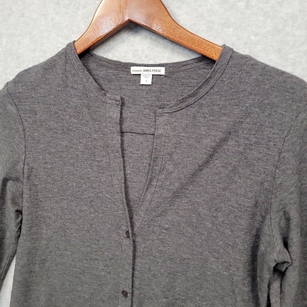 Standard James Perse Gray Cotton Wool Blend Knit Button Up V-neck Shirt Sz 1 - Picture 2 of 10